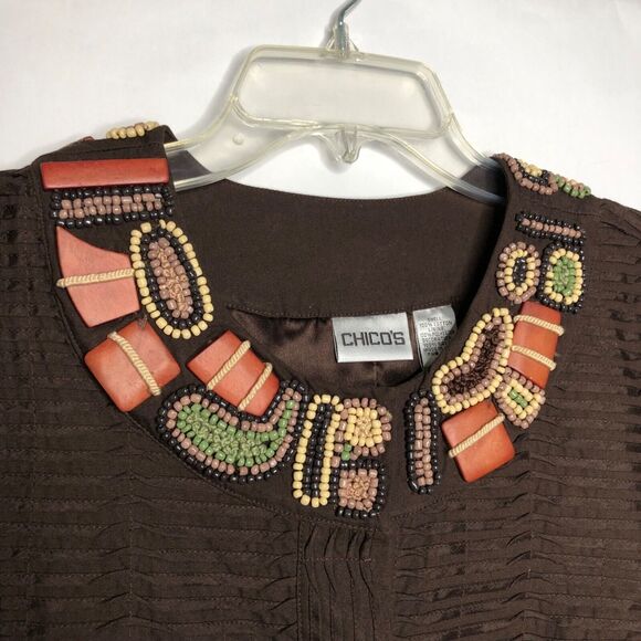 Chico’s Wms Large Brown Pin Tuck Tribal Jacket Shacket Beaded Neckline Career - Picture 5 of 12